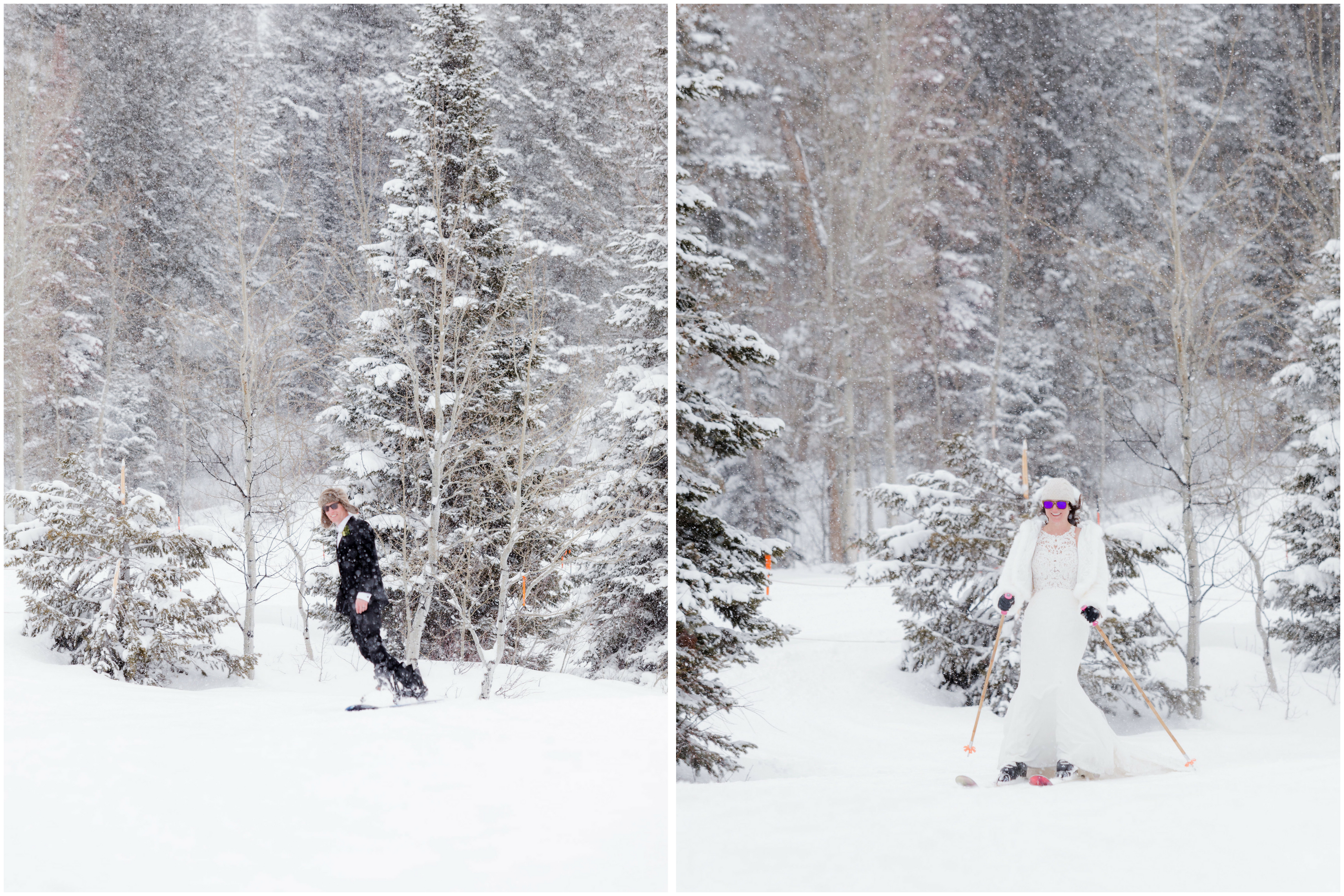 skiing in a wedding dress