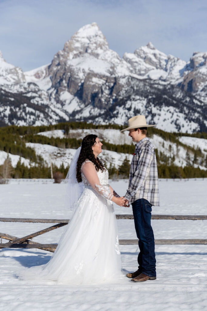 Winter wedding in front of the Tetons in Grand Teton National Park