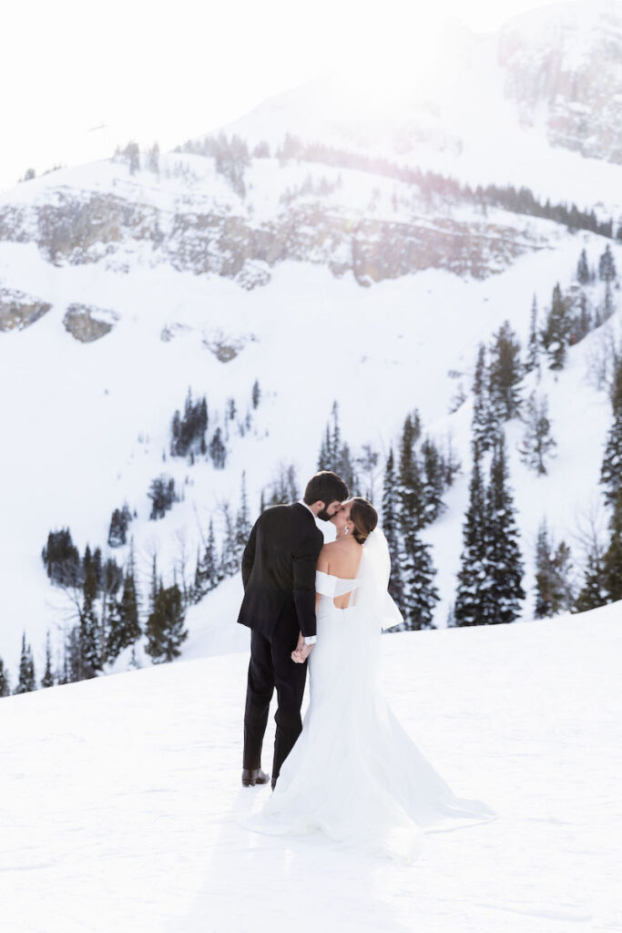 Winter wedding venue at Jackson Hole Mountain Resort with a snowy mountain backdrop 