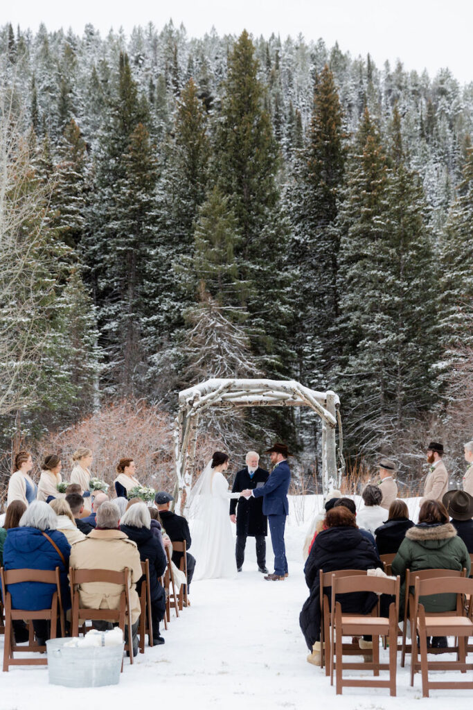 A winter wedding ceremony at Moose Creek Ranch in Teton Valley | Jamye Chrisman