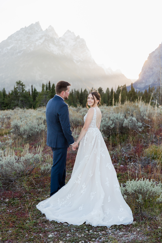 Sunset behind the Tetons for this couple's micro wedding in Grand Teton National Park